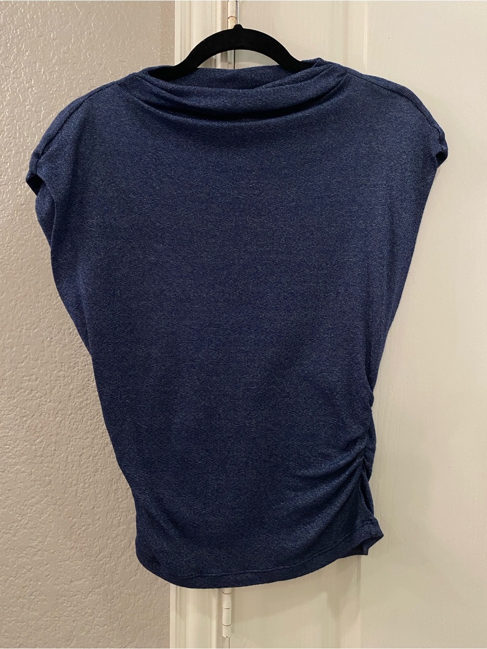Michael Stars Navy Blue Power Shoulder Cowl Neck Side Ruched Top
